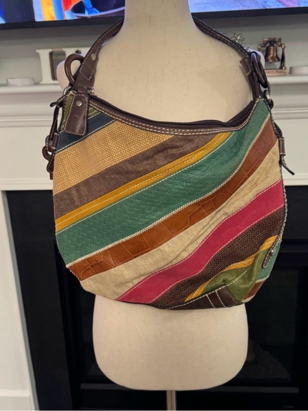 Fossil Multicolor Striped Hobo Bag with Teal, Pink & Tan Accents